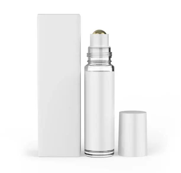 Blank Glass Roller Ball Perfume Bottle with paper box, 3d render illustration.