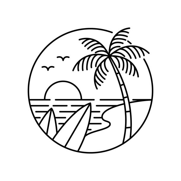 stockillustraties, clipart, cartoons en iconen met vector strand monoline logo illustratie - tropical surf
