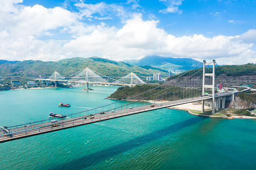 Drone view of the Tsing Ma Bridge, Suspension bridge in west side of Hong Kong