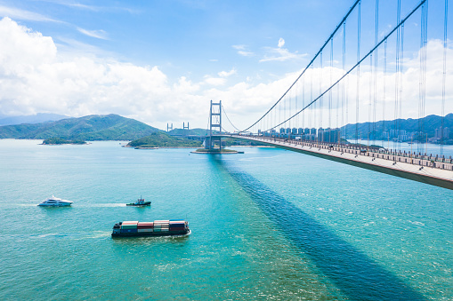 Drone view of the Tsing Ma Bridge, Suspension bridge in west side of Hong Kong