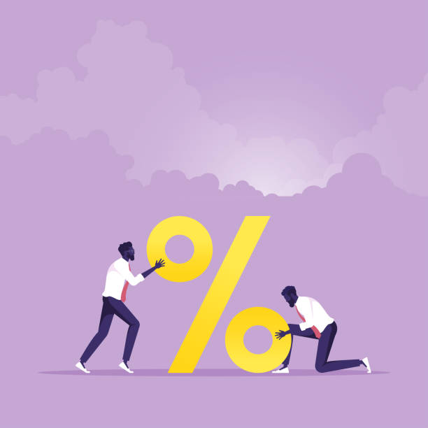Business financial concept-Business team builds big percent sign Business team builds a big percent sign, Big discount on sale, big loan, high interest on bank deposits funny contract stock illustrations