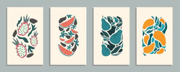 Vector illustration of Abstract still life in pastel colors posters. Collection of contemporary art. Abstract elements, fruits for social media, postcards, print. Hand drawn dragon, watermelon, pear, mango