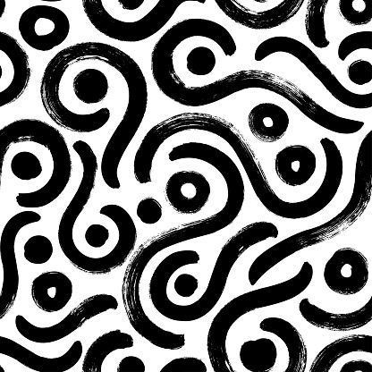 Hand drawn organic vector seamless pattern. Black textured brush strokes. Curved lines and circles. Modern stylish texture with rough natural maze. Black and white wavy organic rounded shapes pattern