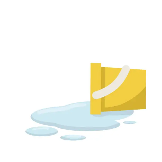 Vector illustration of Yellow Bucket. Element of cleaning house. object with handle. puddle of blue water. Wet floor. Cartoon flat illustration