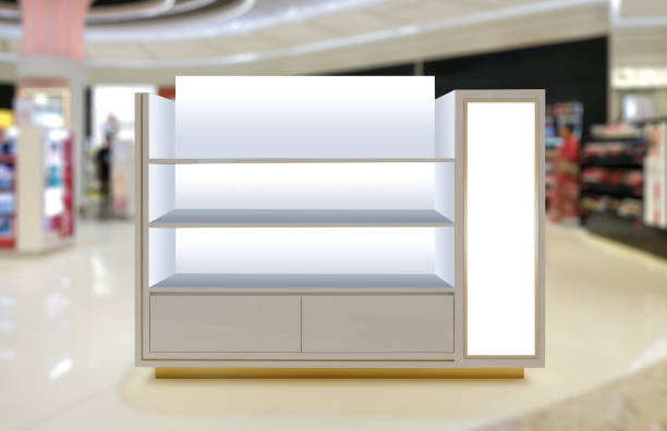 istock Visual mockup of empty shelves in retail environment; straight front angle. Template for POS and merchandise shelf display. Blank poster lightbox for advertising purpose. 1317552834