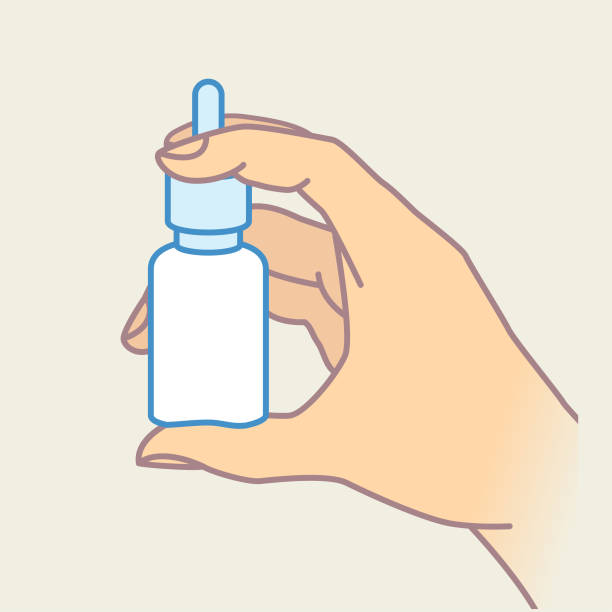 Holding or shaking a nasal spray bottle Hand holding small pump action medical bottle with long cap nasal spray stock illustrations