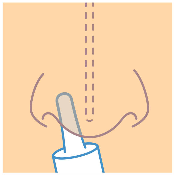 Front view inserting nasal spray Nasal spray tube pointing away from the septum relieved face stock illustrations