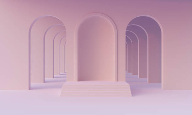 istock 3D mock up podium in empty abstract minimalistic light pink room with arches for product presentation. Stylish modern platform in mid century style. 3D render 1317559332