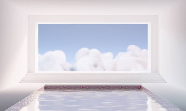 istock 3D Render of a minimalistic empty white room with a pool and an abstract surreal large window. Blank pedestal area for product display or background. 1317559336
