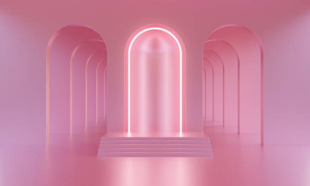 istock 3D mock up podium in a bright pink empty room with arches and neon pink lighting. Abstract minimalistic bright trendy background for product presentation. Modern platform in mid century style. 1317559348