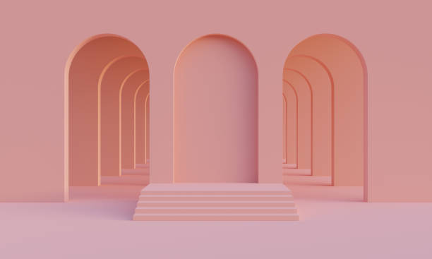 istock 3D mock up podium in empty abstract minimalistic peachy room with arches for product presentation. Stylish modern platform in mid century style in beige or sandy palette. 3D render 1317561278