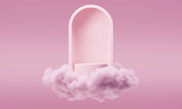 istock 3D mock up podium podium with an abstract minimalistic arch in a cloud in a light pink palette in a mid century style. Modern platform for product presentation. 1317561279