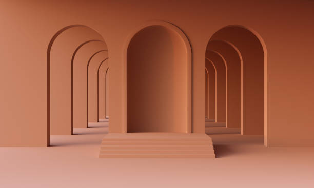 3D mock up podium in empty abstract minimalistic terracotta room with arches for product presentation. Stylish modern platform in mid century style in an earthy or burnt orange palette. 3D render 3D mock up podium terracotta stock pictures, royalty-free photos & images