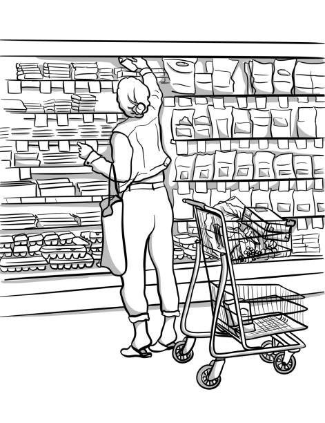 Grocery Store Dairy Customer Young woman reaching for a product in the dairy section of a grocery store.  Hand drawn vector illustration supermarket drawings stock illustrations