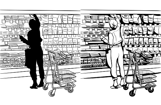 Young woman reaching for a product in the dairy section of a grocery store.  Hand drawn vector illustration