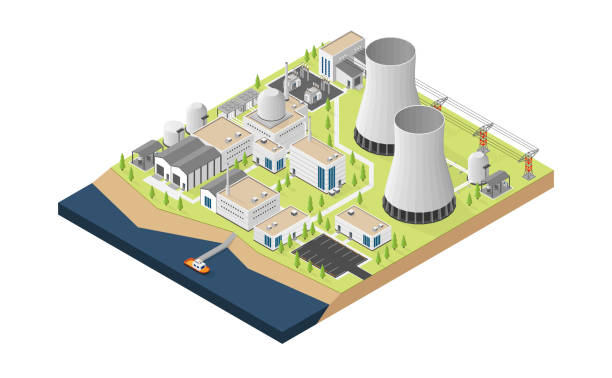 nuclear power plant with isometric graphic nuclear power plant with isometric graphic nuclear fission stock illustrations