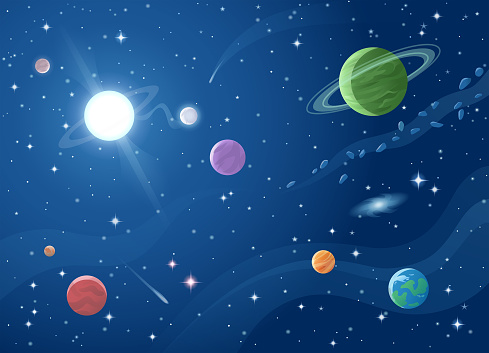 Vector illustration of a colorful space scene full of planets, stars, astroids, nebulas and comets. Concept and background related to space, space exploration and observation and astronomy.
