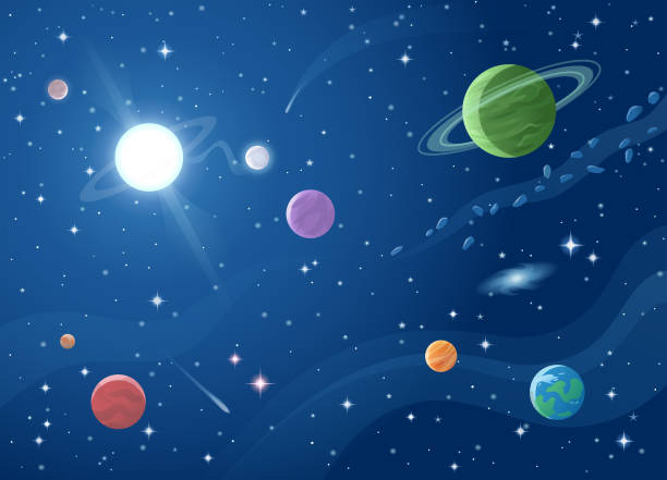 Space Background Vector illustration of a colorful space scene full of planets, stars, astroids, nebulas and comets. Concept and background related to space, space exploration and observation and astronomy. outer space stock illustrations