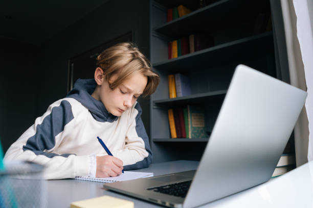 istock Pupil boy making notes in copybook with pen and using laptop computer sitting at desk near window in children room. 1317563746