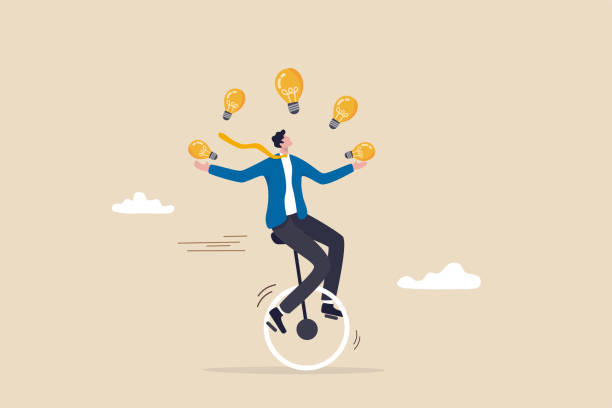 창의력과 아이디어, 혁신 또는 비즈니스에서 성공을 위한 기술, 많은 아이디어의 전구 램프 은유를 저글링 외발 자전거를 타고 숙련 된 사업가. - unicycle cycling balance businessman stock illustrations