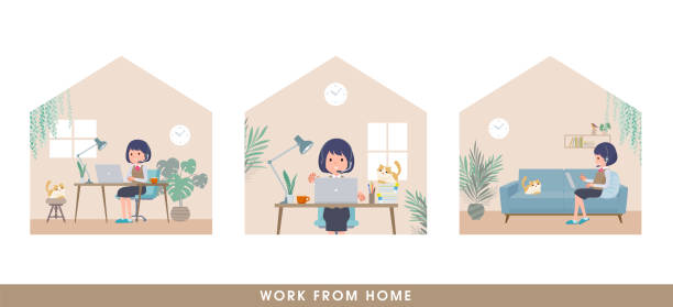 自宅で働く収入を持つビジネスウーマンのセット - working at home home interior women office点のイラスト素材／クリップアート素材／マンガ素材／アイコン素材
