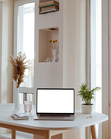 Laptop with blank white screen in office desk interior. Stylish workplace mockup.