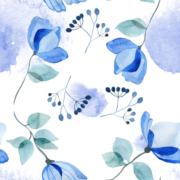 istock Watercolor blue transparent flowers on a white background seamless pattern 1317566684