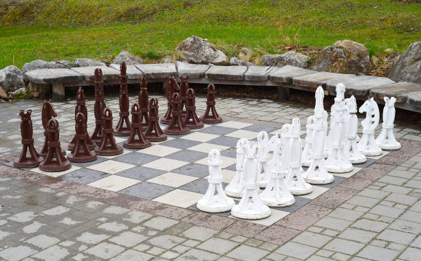 istock Large wooden chess pieces on board outside 1317567920
