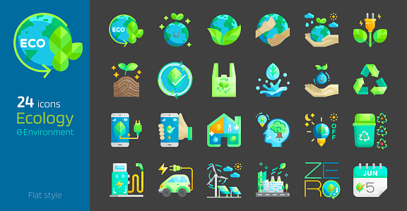 Ecology flat style icon set. Safe earth,water,energy,renewable concept environment day and earth day. Eco friendly design vector illustration.