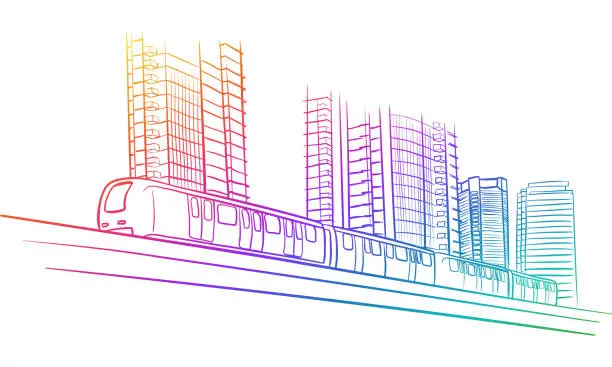 Vector illustration of Urban Center Electric Train Rainbow