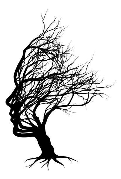 ilustrações de stock, clip art, desenhos animados e ícones de optical illusion bare tree face child silhouette - root