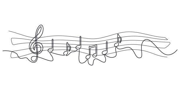 Continuous drawing of musical notes one line Self drawing musical notes one line. Simple black musical symbolsof single continuous drawing on white background for banner of festival, print design, melody recording, design back layers. Vector music stock illustrations