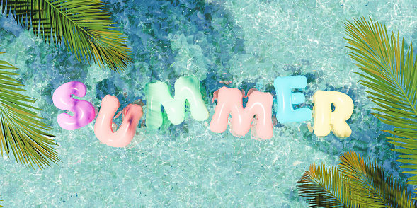 Word SUMMER shaped inflatable swim ring floating in a refreshing blue swimming pool with palm leaves in the corners. summer background. 3d render