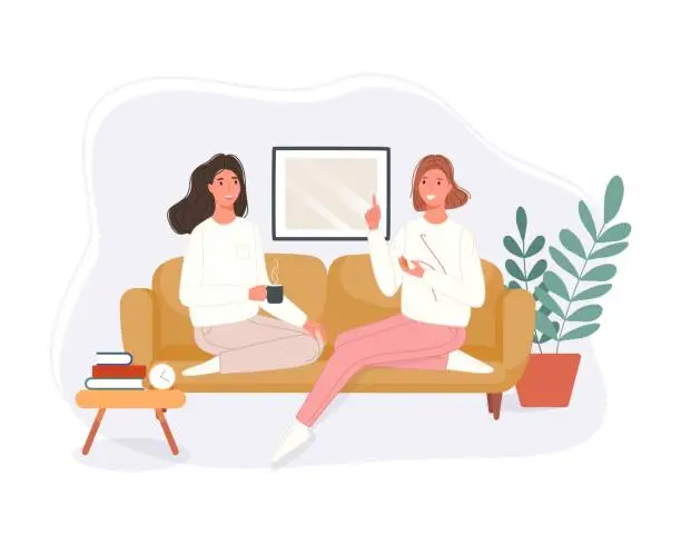Vector illustration of Happy two women sitting in the couch drinking coffee and talking at home. Smiling character spending time together. Vector illustration
