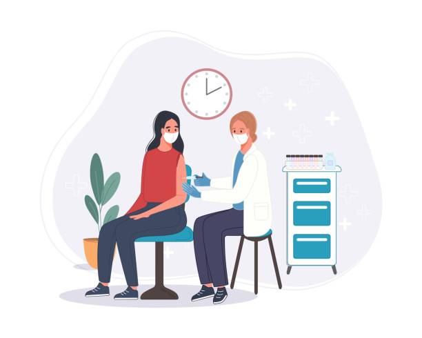 ilustrații de stoc cu medic în clinică care i-a dat seniorului vaccin injectabil pentru coronavirus. conceptul de vaccinare împotriva sănătății imunității în spital. vaccinul anti-covid a fost filmat pentru pacient. vector - covid 19