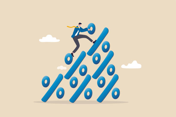 financial growth profit, sale or discount, interest rate or inflation percentage concept, businessman climbing to the top pile of percentage signs metaphor of increasing in percent. financial growth profit, sale or discount, interest rate or inflation percentage concept, businessman climbing to the top pile of percentage signs metaphor of increasing in percent. financial advisor percentage sign business finance stock illustrations