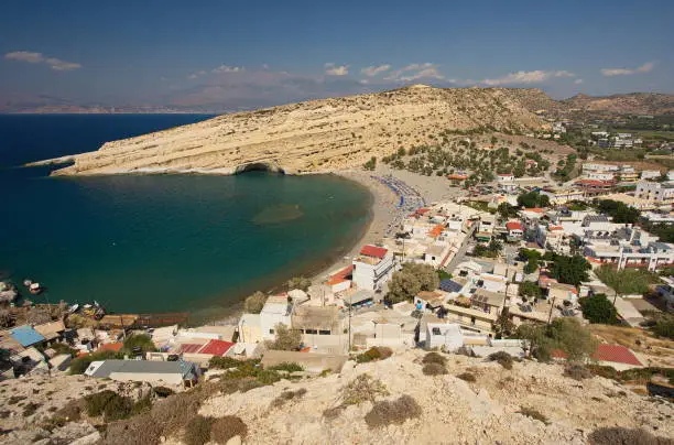 View of village Matala at Hippie Caves on Crete in Greece, Europe