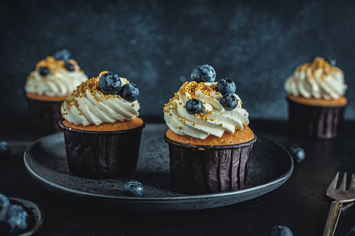 Vanilla cupcakes with blueberries on dark plate on dark background. Vintage