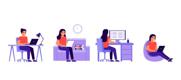 Vector illustration of Young woman work at home office with laptop or computer. Busy woman work in various place. Workflow, workspace, working at home, remote work. Freelance girl is employed. Vector flat illustration