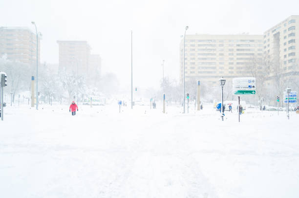 Madrid, Spain - January 9, 2021: Streets of Madrid blanketed with the heaviest snowfall in 50 years, during Storm Filomena