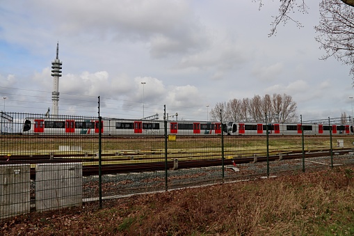 RET Subway and randstadrail vehicles along storage area in Rhoon at the Waalhaven Harbor
