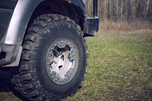 istock 4x4 off-road car wheels on grass. 1317583825