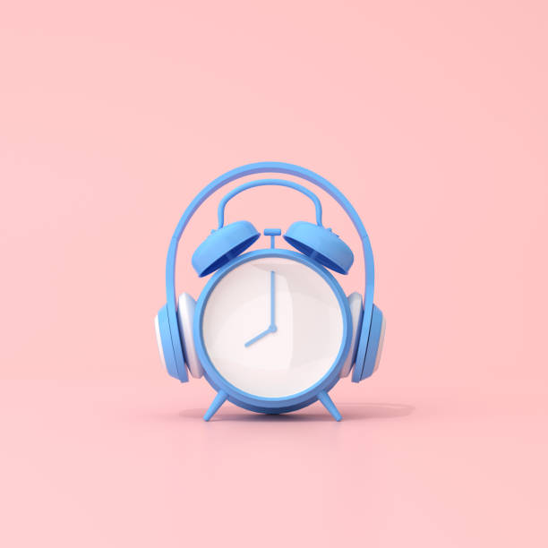 Conceptual scene of blue alarm clock with headphone, 3d rendering.