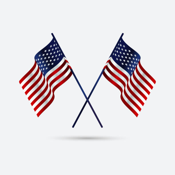 두 개의 현실적인 미국 깃발이 함께 교차 - 벡터 - pole stock illustrations