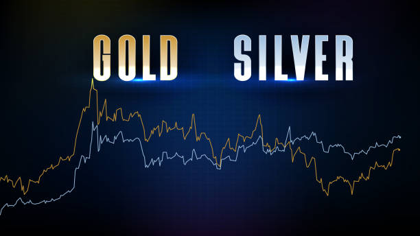 abstract futuristic technology background of Gold and silver market graph line indicator abstract futuristic technology background of Gold and silver market graph line indicator buying gold and silver coins and bars stock illustrations