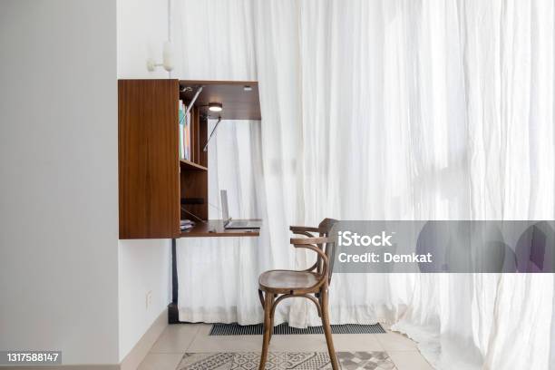 Minimalistic Workplace In Modern Apartment Bay Window Stock Photo - Download Image Now