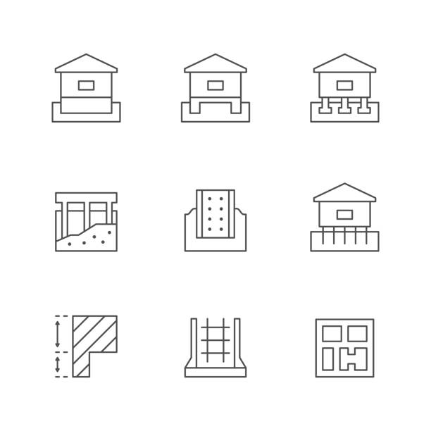 파운데이션의 라인 아이콘 설정 - basement concrete construction construction site stock illustrations