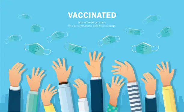 Vector illustration of vaccinated. takes off medical protective mask. End of coronavirus epidemic concept
