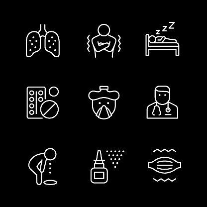 Set line icons of cold and flu isolated on black. Sputum in the lungs, chill, bed rest, drug or pill, runny nose, doctor, vomit, nasal spray, muscle aches. Vector illustration