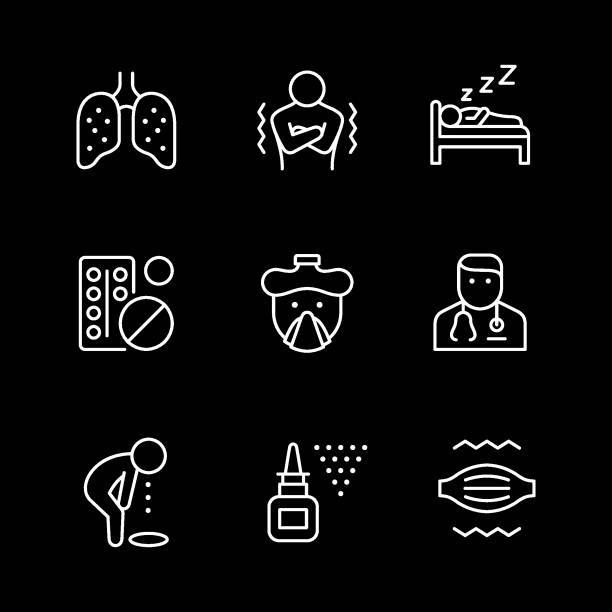 Set line icons of cold and flu Set line icons of cold and flu isolated on black. Sputum in the lungs, chill, bed rest, drug or pill, runny nose, doctor, vomit, nasal spray, muscle aches. Vector illustration retching stock illustrations